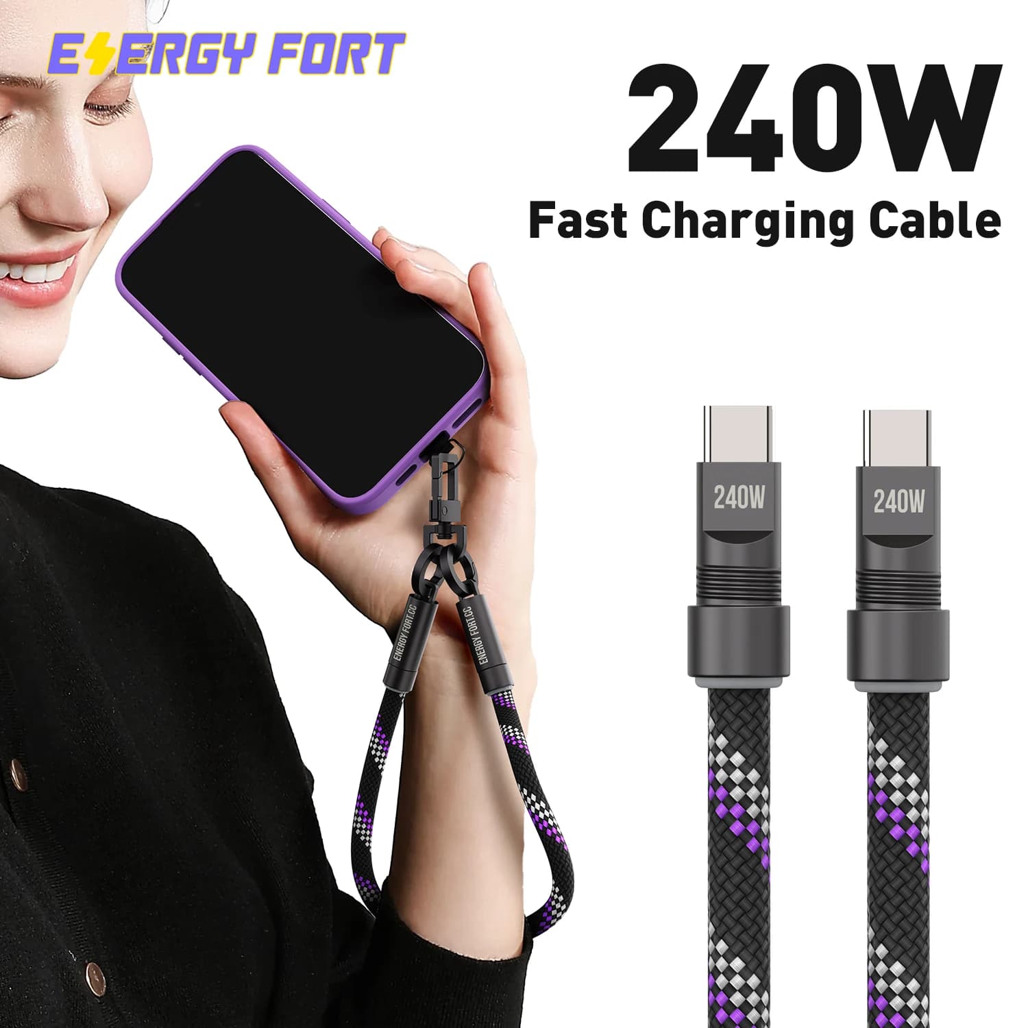 Hand Wrist Strap Lanyard USB-C Charger Cord Nylon Braid PD 240W Fast Charging Cable Anti Theft Phone Camera Strap Phone Charm