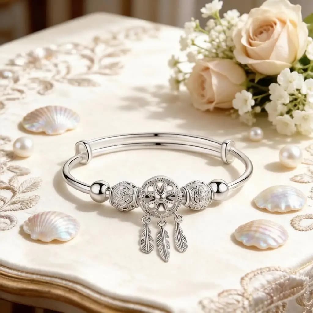 Charm 925 Sterling Silver Hollow Dream Catcher Feather Tassel Bangles for Women Girls Anniversary Party Fashion Jewelry Gifts