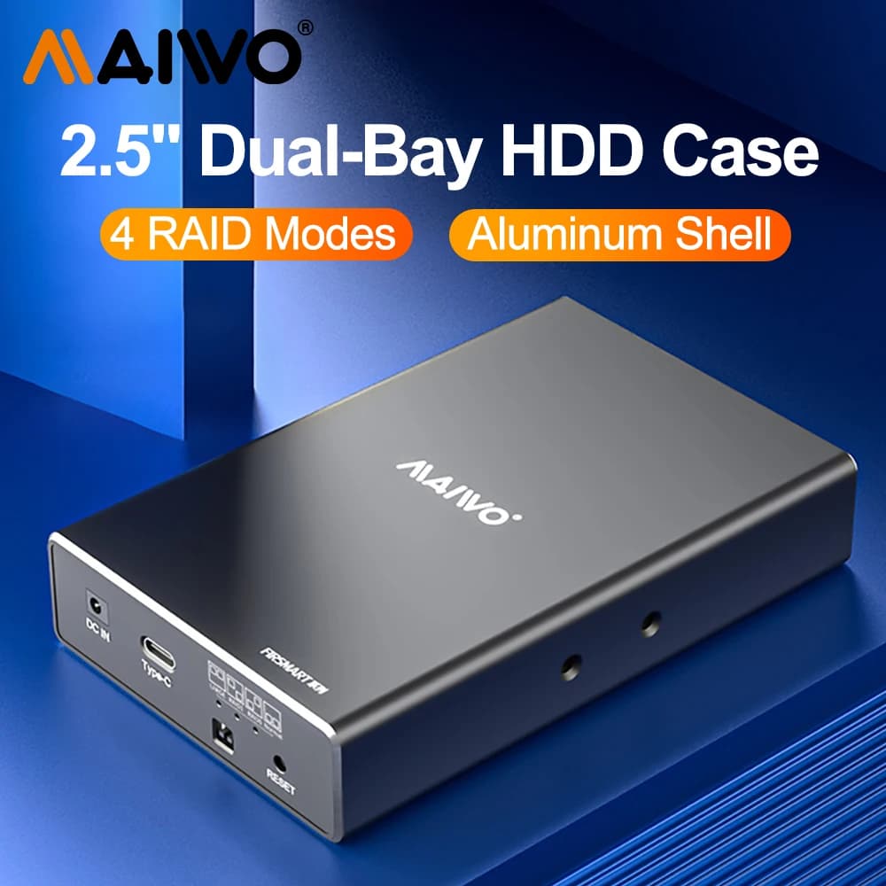 MAIWO HDD Case 2.5 pollici Dual Bay custodia per Hard Disk esterno HD Array SATA a USB Hard Disk Array con 4 funzioni RAID