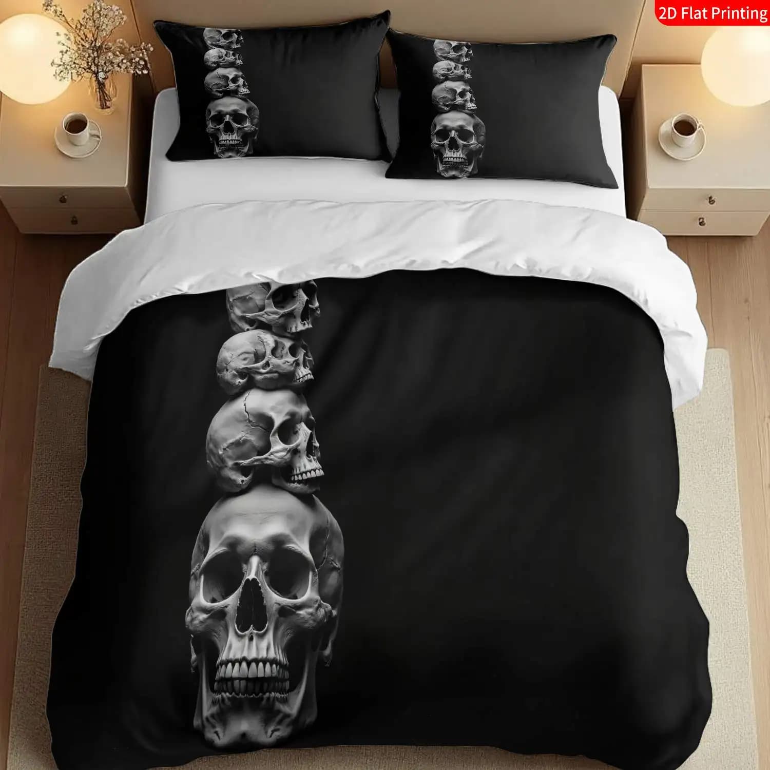 Soft Duvet Cover Set of Three 2D Flat Printed Duvet Covers, Gothic Revival Halloween Horror Skull Pattern Bedding Set, Black and White Skull Pattern Suitable for Bedroom Decoration, Duvet Cover Set, Christmas Decoration, All-Season Use, Machine Washable, Invisible Zipper, Large Duvet Cover Set, Bedding Set, Quilt Cover