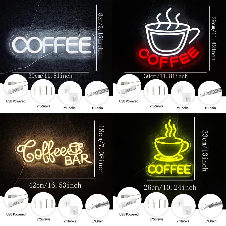 Insegne al neon della serie Coffee, utilizzabili come icone luminose personalizzate da parete, alimentate tramite USB, per porte e finestre di negozi, caffè, decorazioni artistiche per la casa