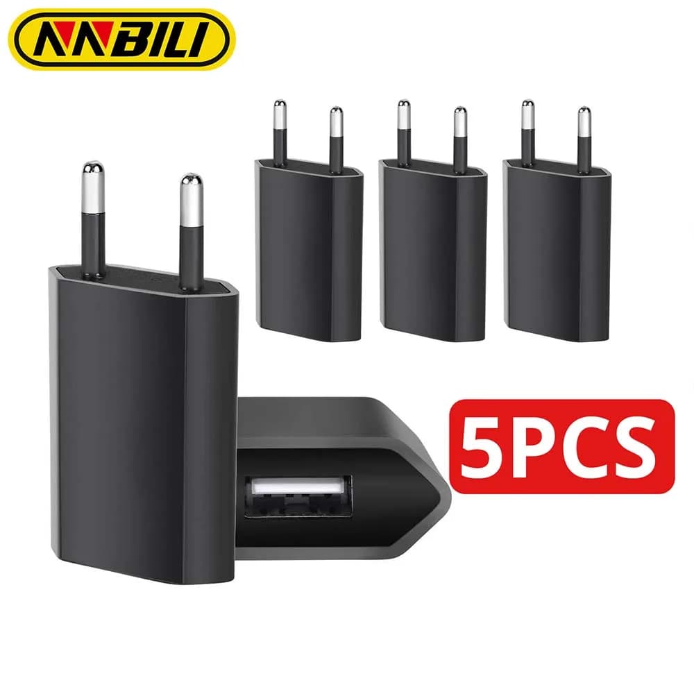 NNBILI 1-5 pezzi nero universale 5W spina UE caricatore da muro USB da viaggio 5V/1A ricarica rapida per iPhone 7 8 Plus adattatore CA per telefono Redmi