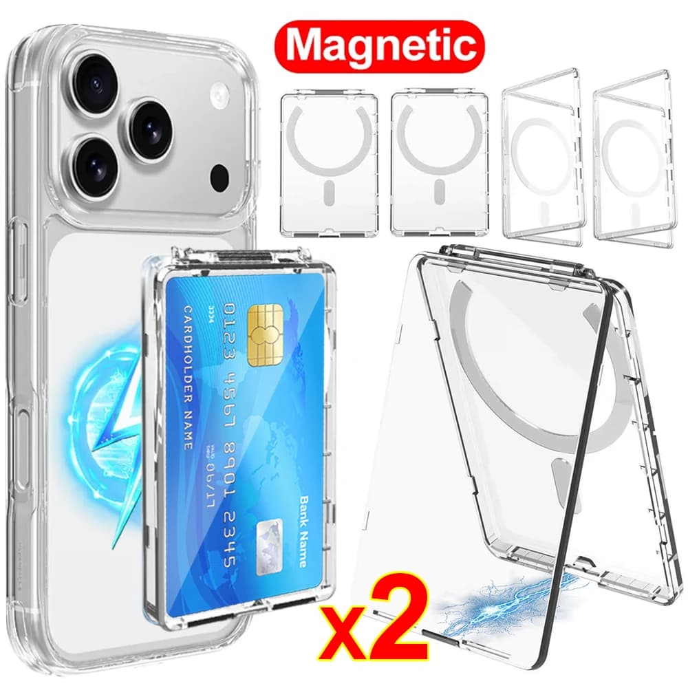 Custodia trasparente con supporto magnetico potente 2-in-1 per carte e telefono, compatibile con MagSafe, per iPhone, con adsorbimento posteriore.