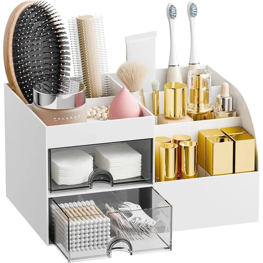 Makeup Organizer with 2 Drawers, Countertop or Vanity and Bathroom, Makeup and Skincare Storage with Brush Holder, Desktop Cosme