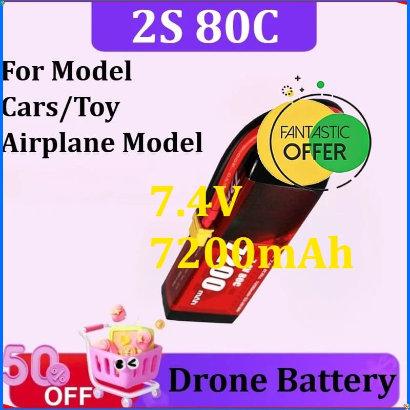 Batteria LiPo 7200mAh 2S 80C 7.4V per Modellini di Auto/Aerei Giocattolo, Quadricotteri RC, Elicotteri, Droni FPV