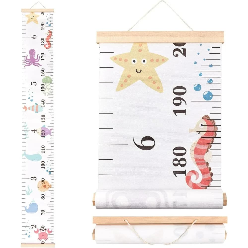Marine Animal Growth Chart Fabric Canvas Height Measuring Alloy Wooden Frame Hanging Wall Removable Folders for Home Kits