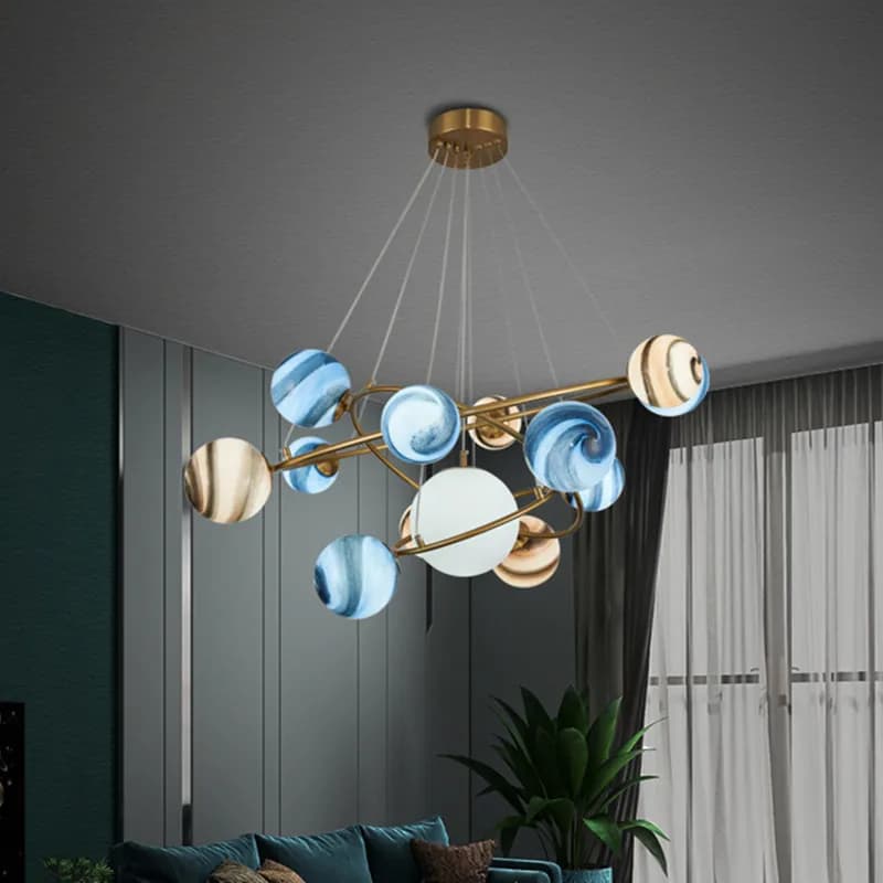 Lampadario a sospensione a globo di vetro a LED Lampadario planetario terrestre Errante Soggiorno Luce moderna per camera dei ragazzi Anelli per lampadari creativi