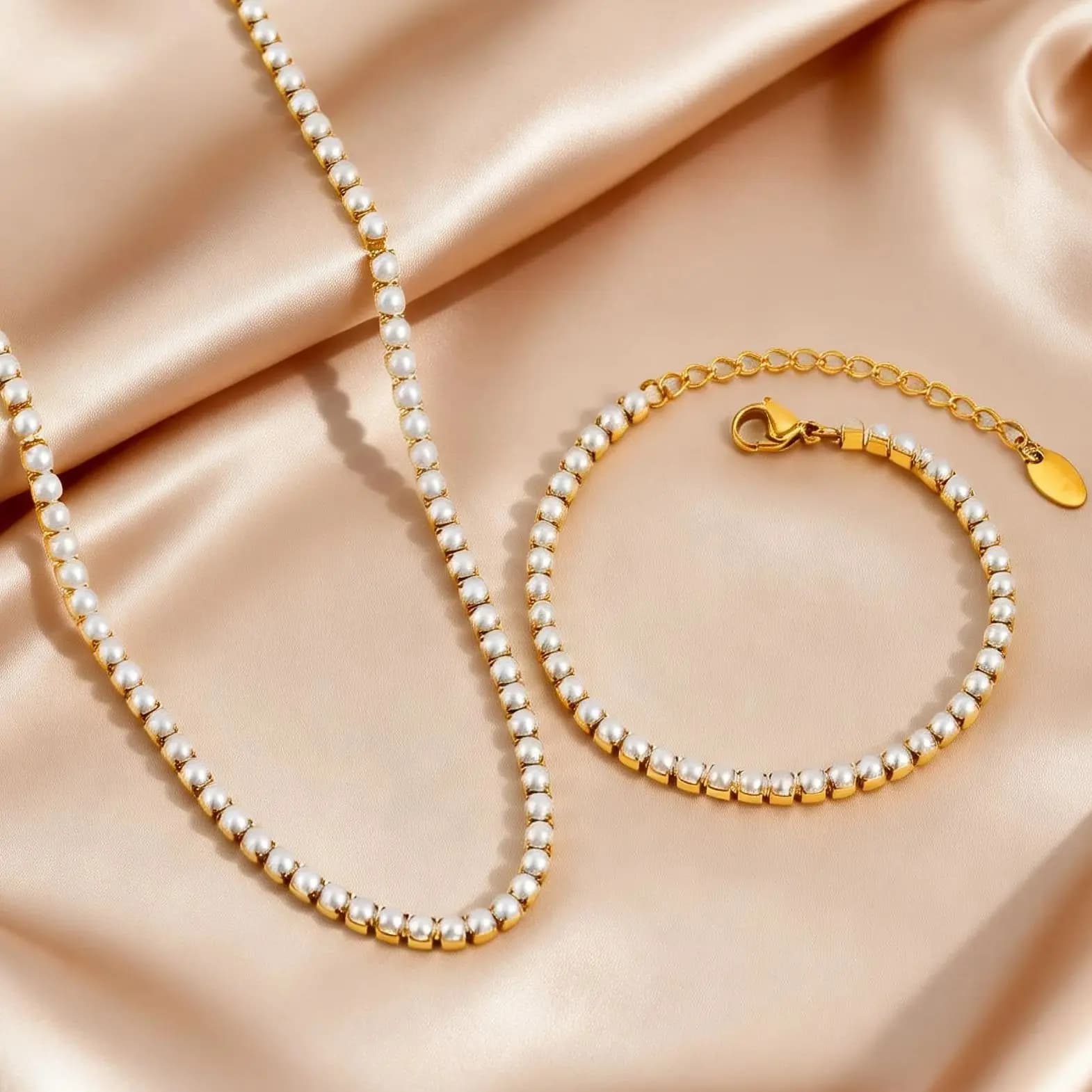 Women's Imitation Pearl Tennis Chain Necklace Bracelets, Stainless Steel 18K Gold Plated Fashion Chic Jewelry Set Gift