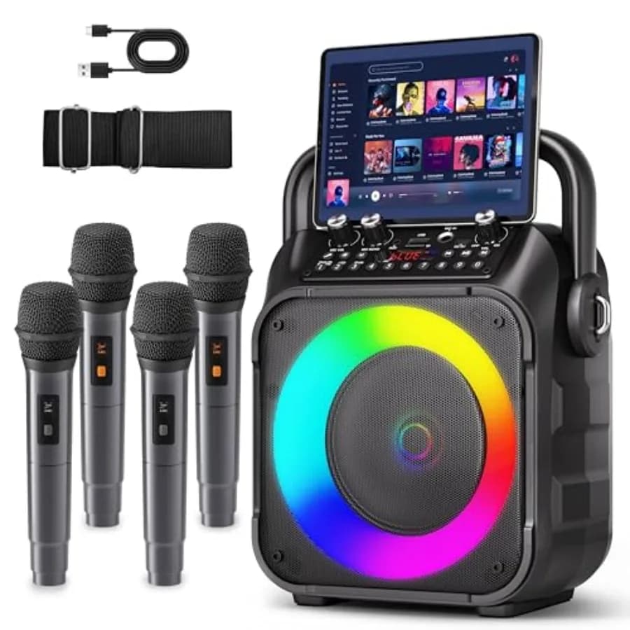 Karaoke Machine, Portable Bluetooth Speaker with 4 Wireless Microphones for Adults and with Lights, Karaoke Microphone with PA