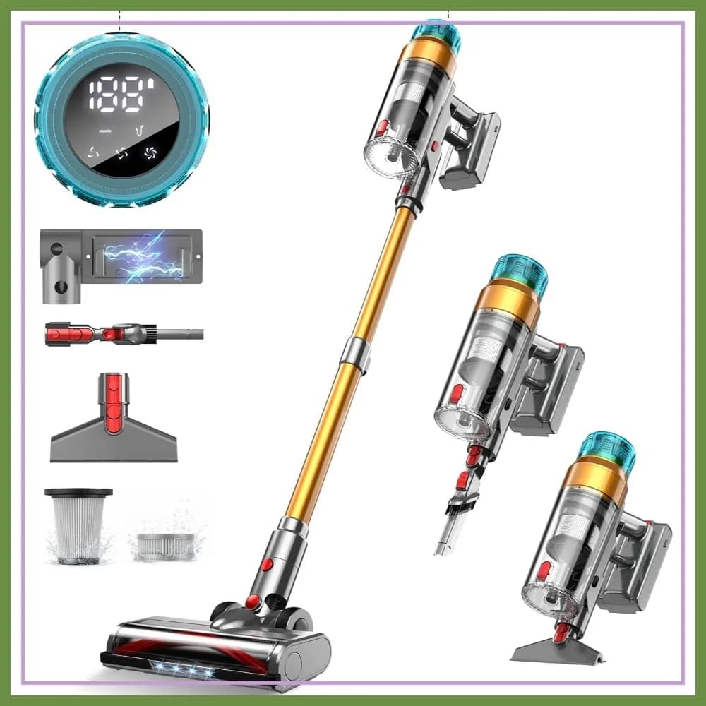 Aspirapolvere Senza Fili 60KPa 600W, Aspirapolvere a Bastone, 75 Minuti di Autonomia, Anti-Groviglio, Display LED