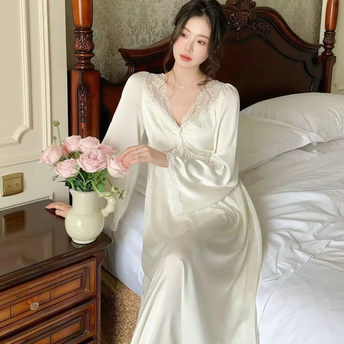 Womens Lace Pajama Nightgown Long Sleeved Dress