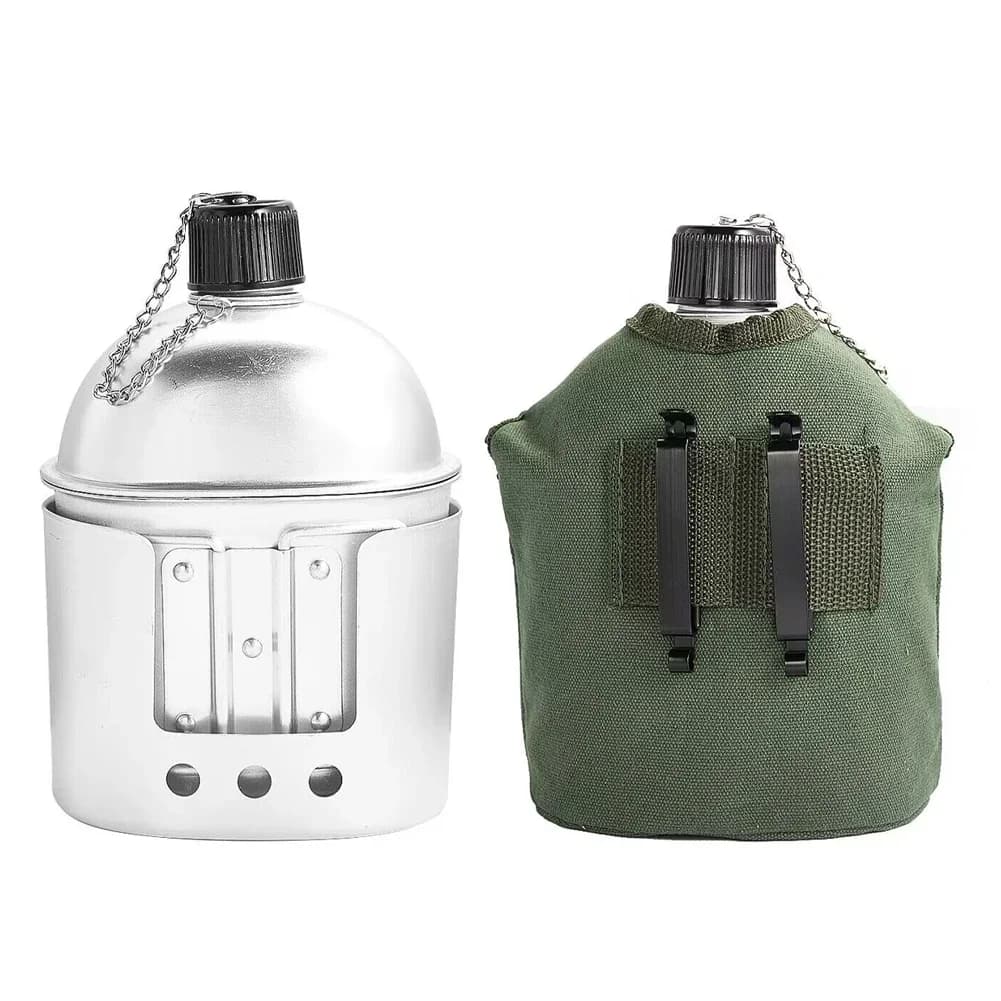 Camping set with military kettle, cup with folding handle, alcohol stove, military bottle, crockery and lunch box