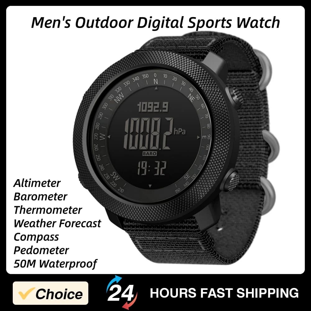 Digital Sport Watch Multifunction with Altimeter, Barometer, Waterproof 50M, Thermometer, Compass and Counter