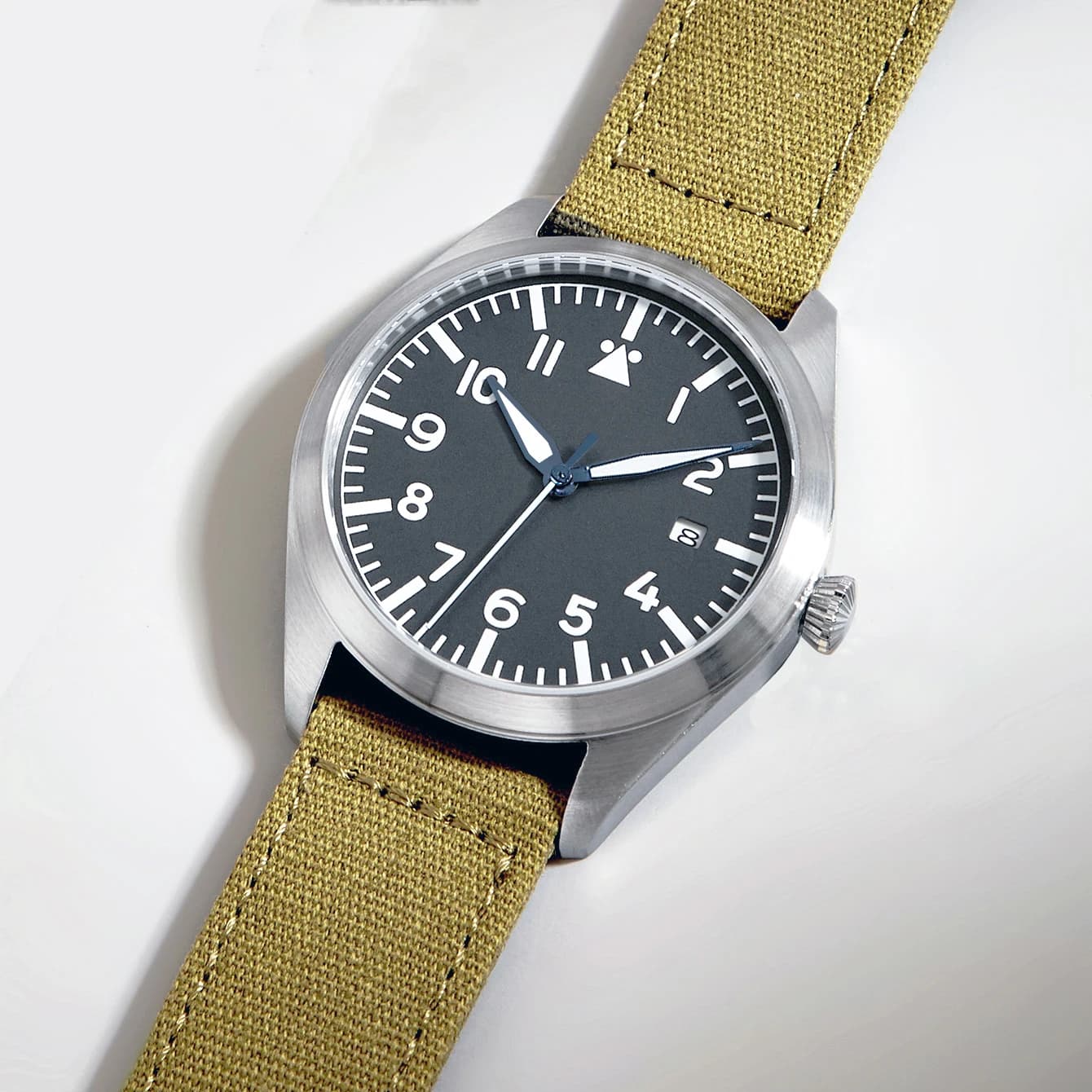 Orologi meccanici Canvas Flieger Aviator Pilot Orologio da polso Verde oliva Freccia Seconda Guerra Mondiale Tedesco WW2 Movimento automatico Giappone Zaffiro
