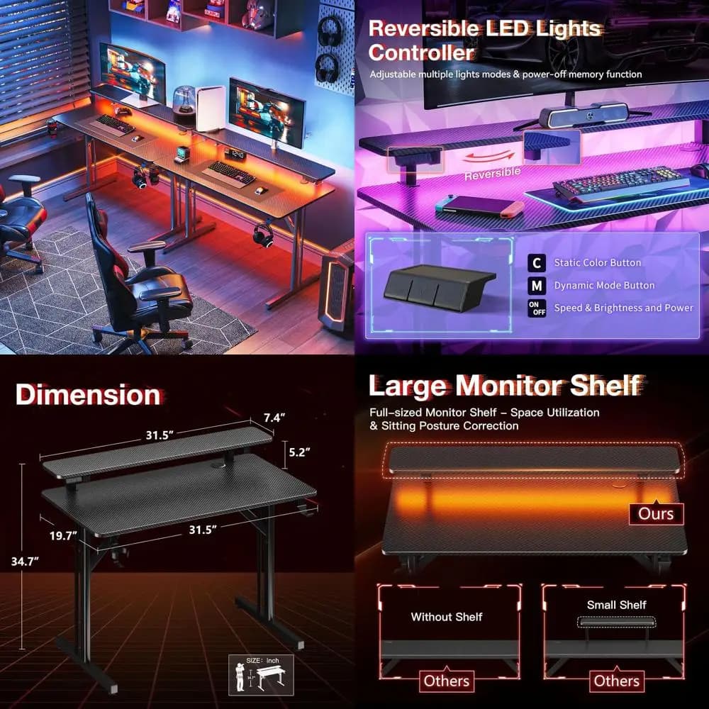 Scrivania da gioco compatta 32 illuminata a LED con supporto per monitor, design in fibra di carbonio, ideale per regali da gioco per bambini e uomini
