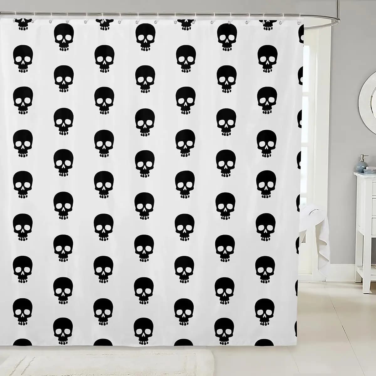 Tenda da doccia con motivo teschio Design gotico bianco nero Decorazioni di Halloween Tema punk rock Bagno Arte Lino da bagno grafico audace