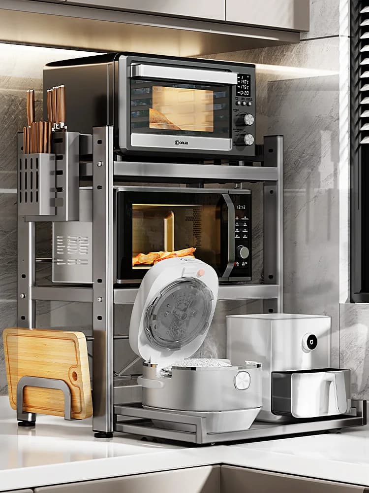 Kitchen Microwave Oven Shelf Three-layer Pull-out Multifunctional Oven Rack Rice Cooker Air Fryer Storage Rack
