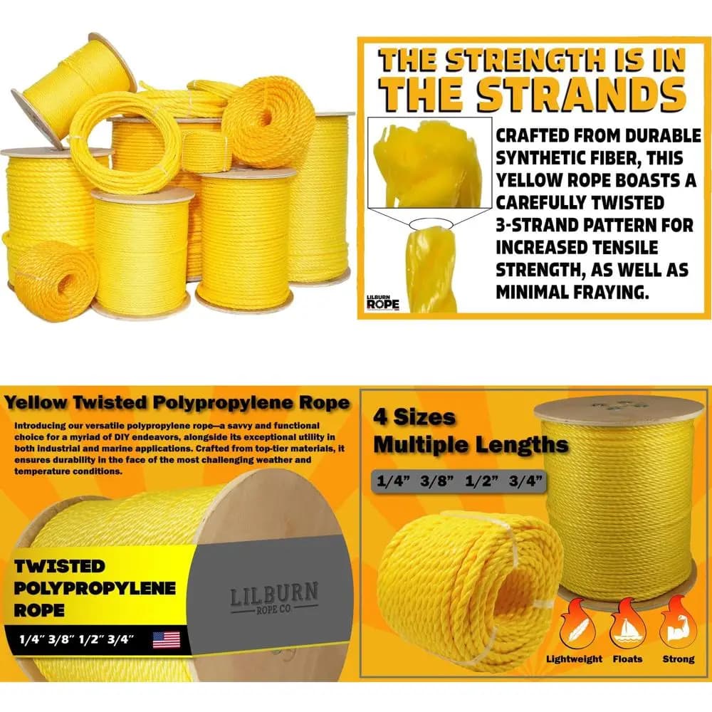 Corda multiuso in polipropilene giallo a 3 capi - 3/8 x 600 piedi - Ideale per lavori da leggeri a pesanti, applicazioni marine, commerciali e altro
