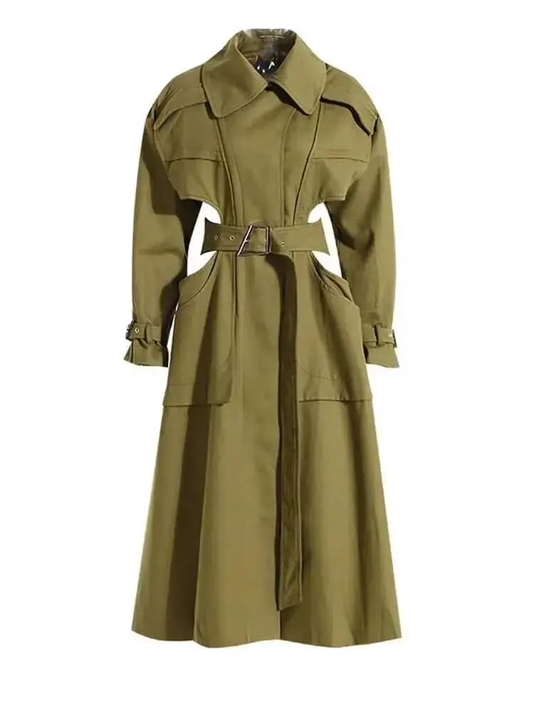 Big Women Size Cut-out Camel Long Trench New Lapel Long Sleeve Loose Fit Windbreaker Fashion Spring Autumn 2026 1DH058