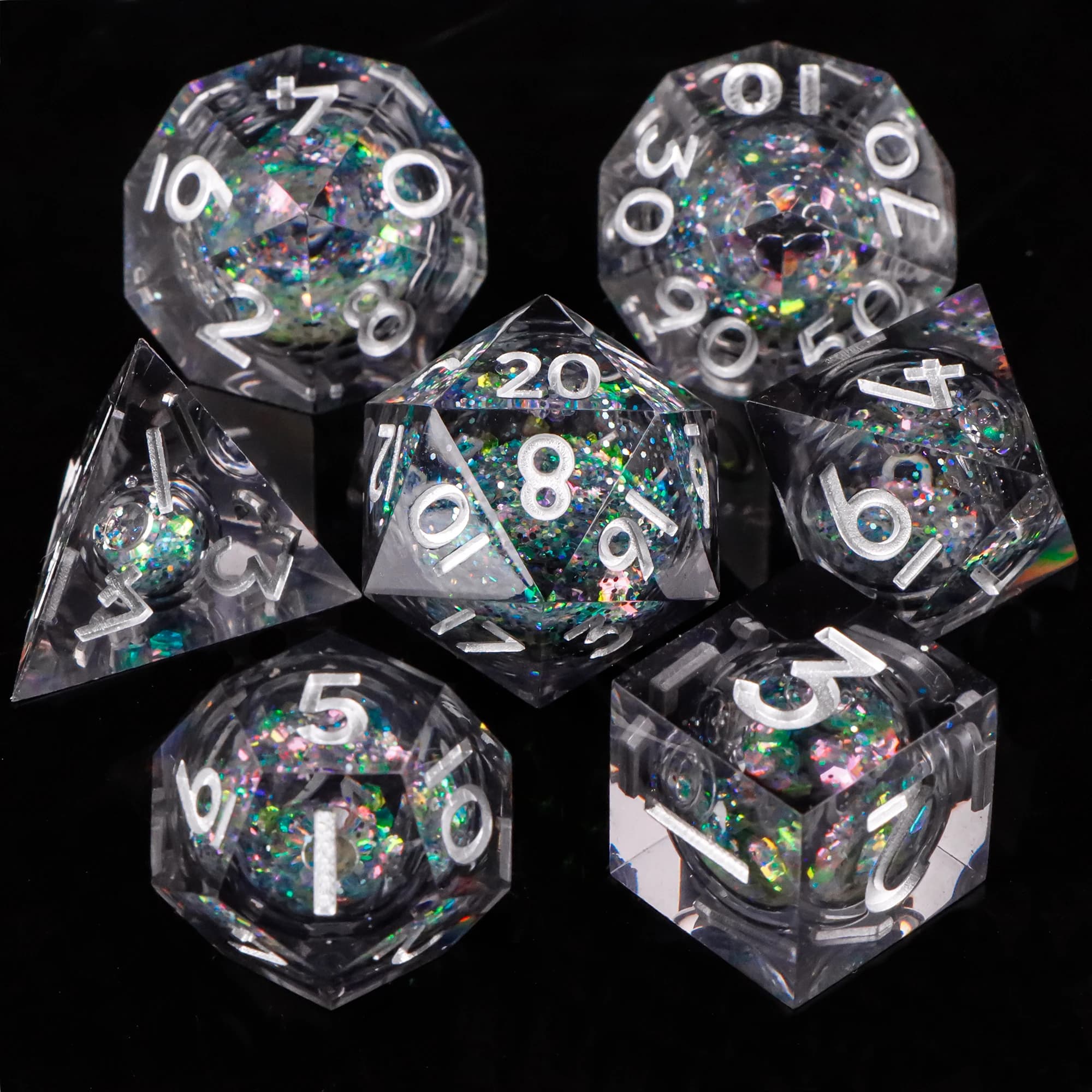 Set di dadi con nucleo liquido 7 pezzi DND Dadi con bordo affilato Dadi neri per Dungeons and Dragons Dice per D&D, giochi di ruolo