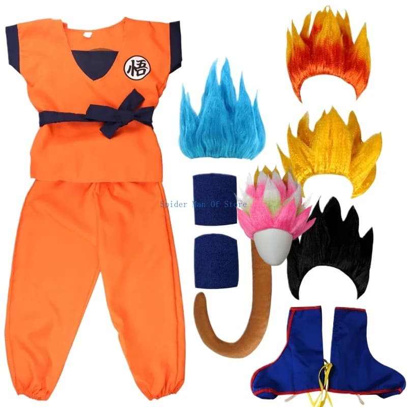 Bambini adulti Son Goku Gui Carnevale Cosplay Costumi anime Feste e vacanze di Halloween, inclusa parrucca da polso con coda Design in oro blu