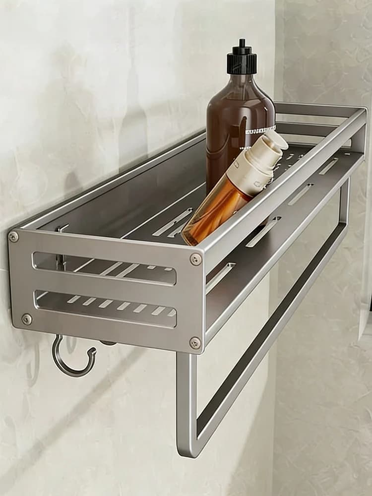Aluminum Bathroom No Drilling Shower Corner Shelf Bathroom Shelf With Towel Bar Shampoo Holder Toilet Rack Accessories