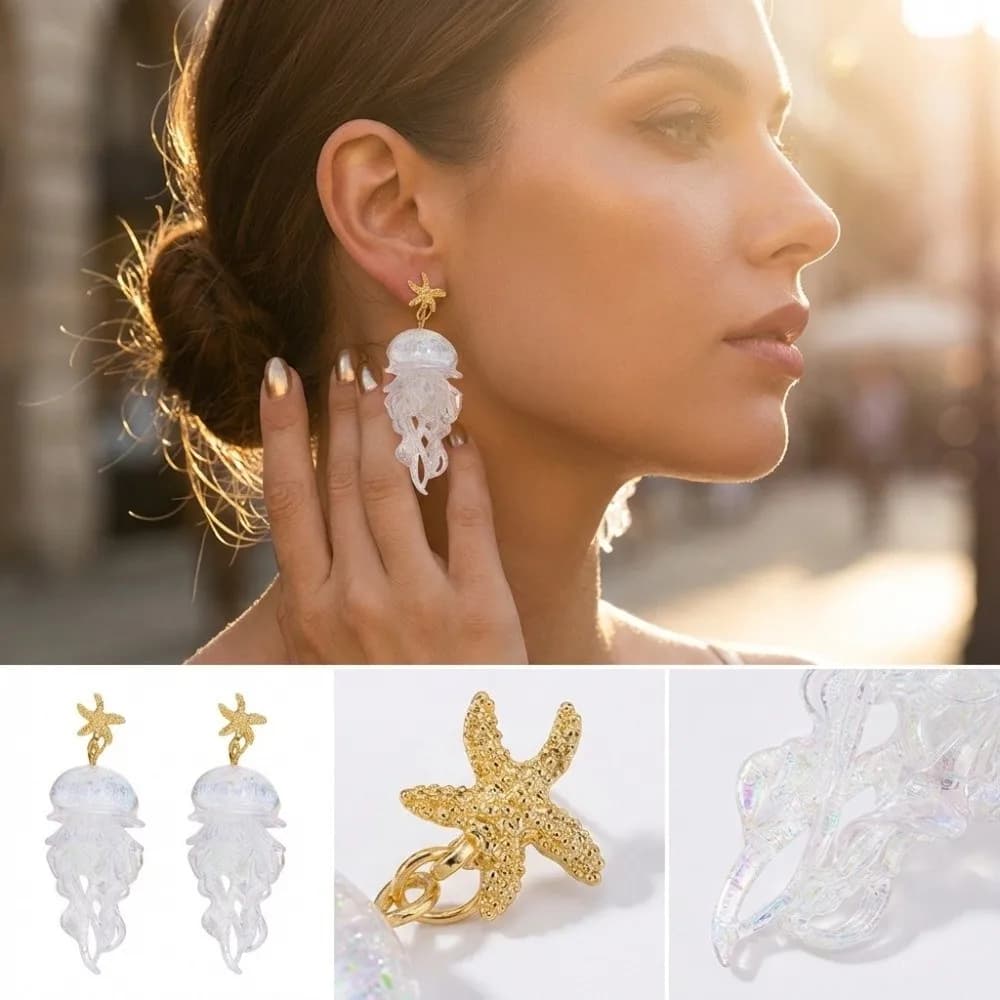 Acrylic Jellyfish Dangle Earrings Creative Personality Starfish Charm Earrings Beach Style Cute Ocean Themed Drop Earrings Beach