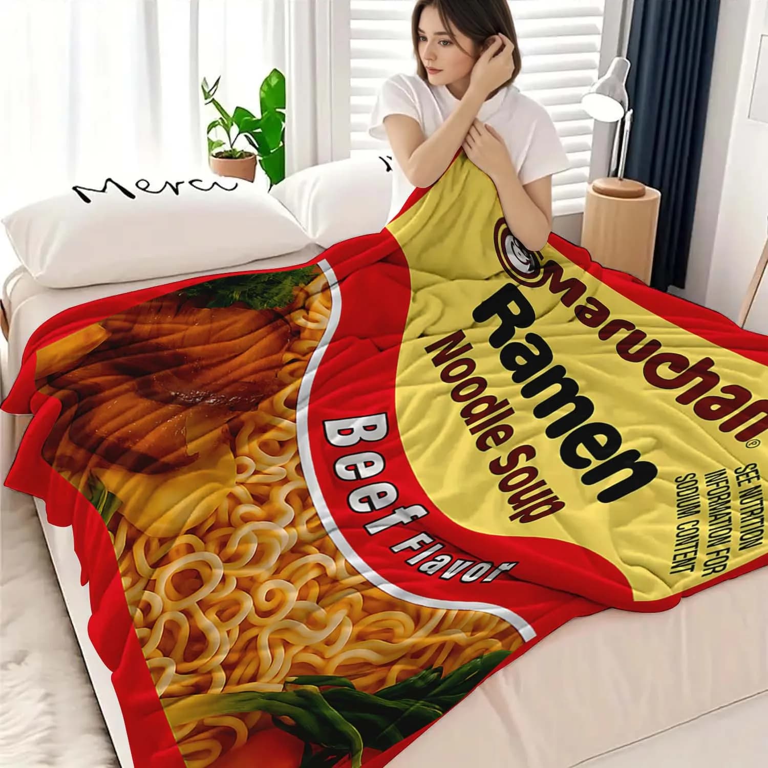 1 Ramen Noodle beef flannel blanket, cozy for all seasons, sofa, camping trips, retro style