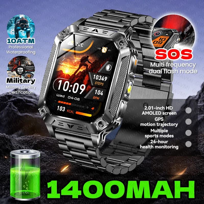 Smartwatch Sportivo da Uomo con Batteria Ultra Grande da 1400mAh, Display AMOLED, GPS, SOS, Torcia, Impermeabile 10ATM, Chiamate Bluetooth