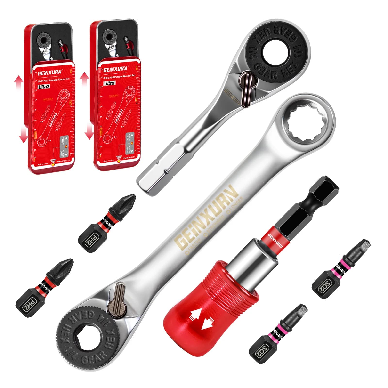Geinxurn Set di mini cacciaviti a cricchetto misti, cacciavite in lega S2, portapunte magnetico a impatto, chiave da 1/4", custodia push-pull