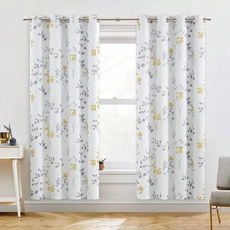 Floral Blackout Curtains 52x84 Inches 2 Panels Grommet Top Grey White Pattern Thermal Insulated