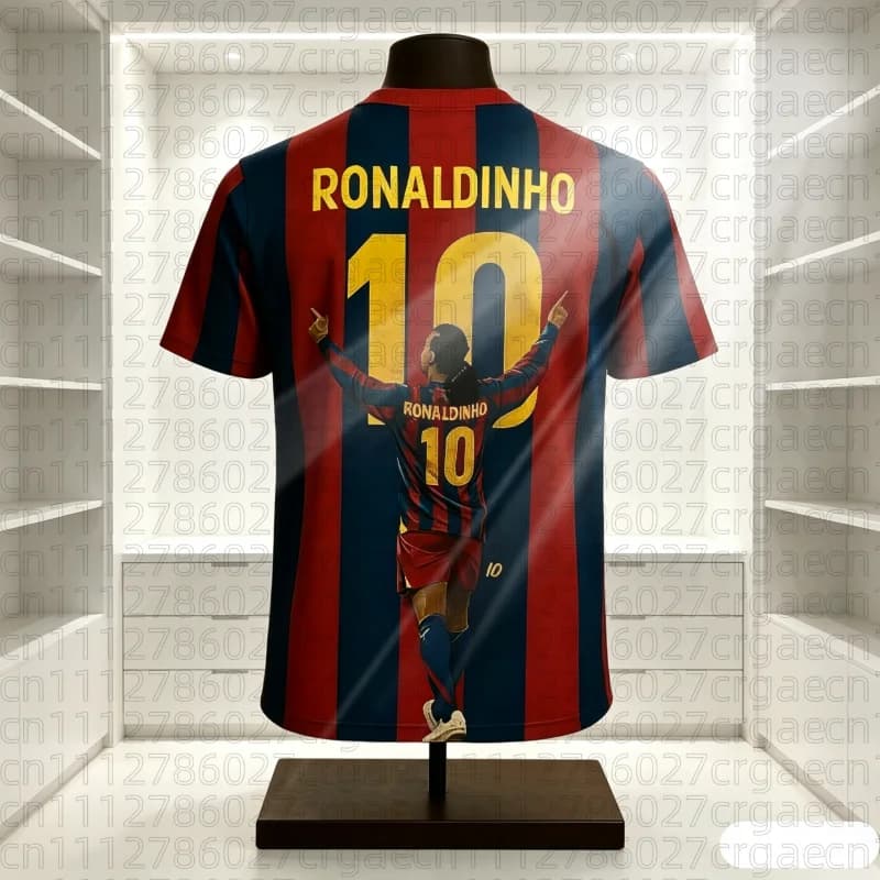 Barca Stripe Ronaldinho # T-shirt da calcio con stampa 10, comoda e traspirante, per sport estivi, elegante, per famiglie e bambini, alla moda