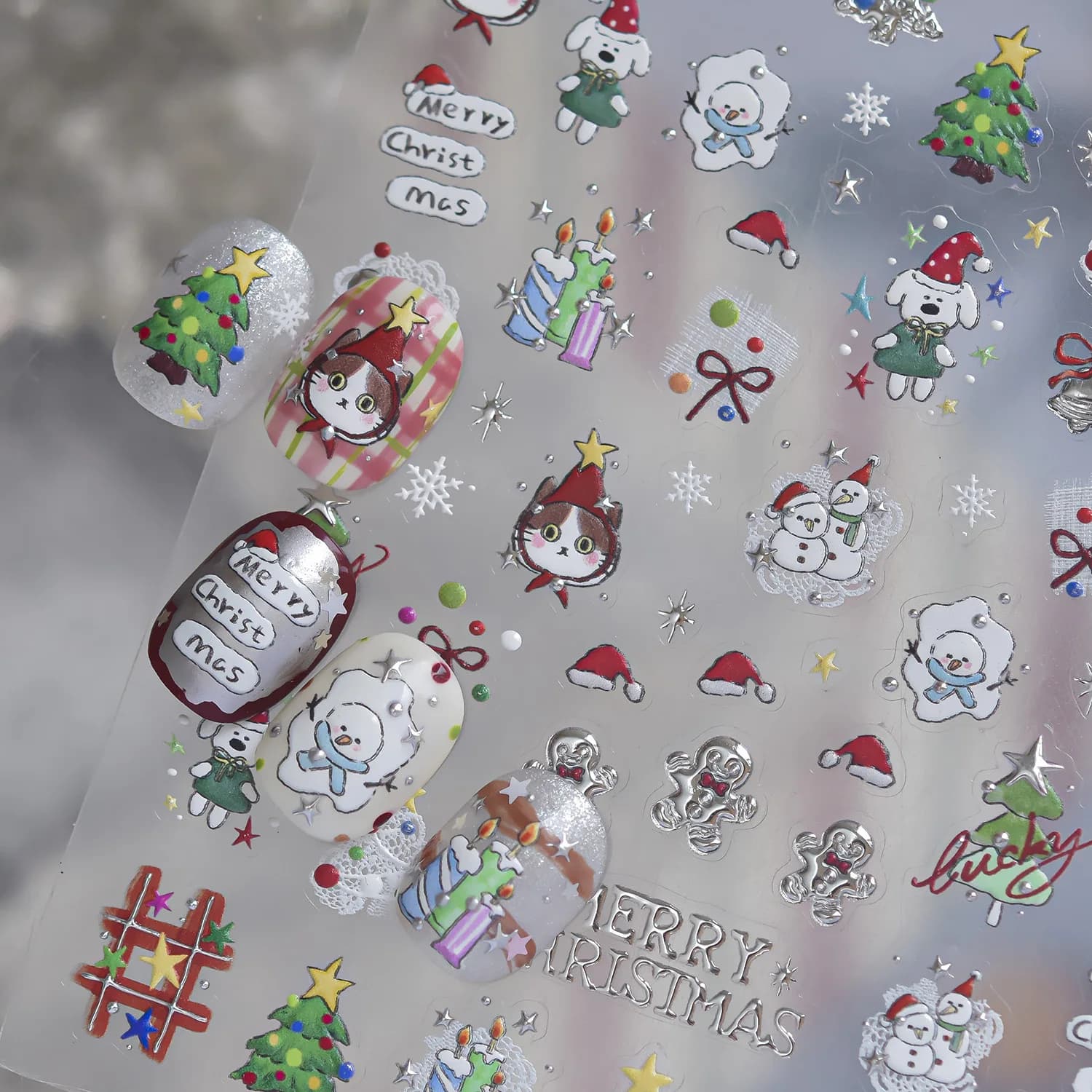 Cartoon Animal Christmas Nail Stickers 5D Embossed Xmas Cat Dog Snowman Christmas Tree Gift Bow Winter Holiday Manicure Decals