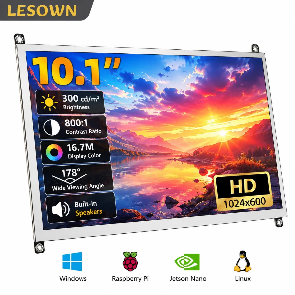 LESOWN 10.1 inch IPS LCD Assembly 1024x600 HDTV with Dual Speakers Plug and Play for Raspberry Pi 4 DIY Project