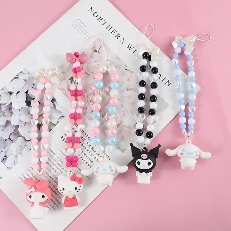 Anime Sanrio Hello Kitty Doll Strap Fai da te Custodia per telefono Portachiavi a catena Cartoon Cinnamonroll Perline Doll Decor Zaino Ciondolo