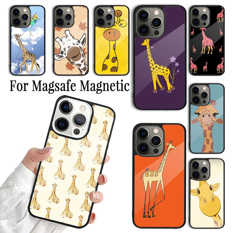 Custodia per telefono con simpatica giraffa a cartone animato per iPhone 17 AIR 16 15 14 13 12 11 Pro Max Plus, cover magnetica wireless Magsafe
