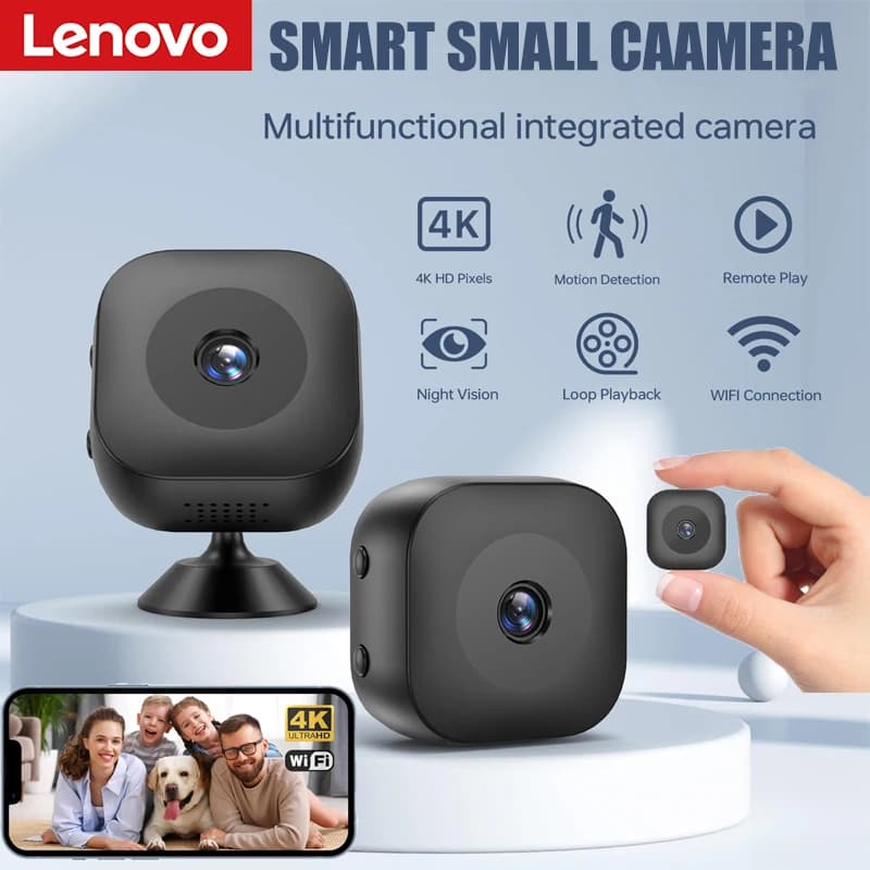 Telecamera Mini Smart 4K HD Lenovo con Visione Notturna a Colori, Monitor WiFi Impermeabile con Rilevamento di Movimento per Sicurezza Domestica