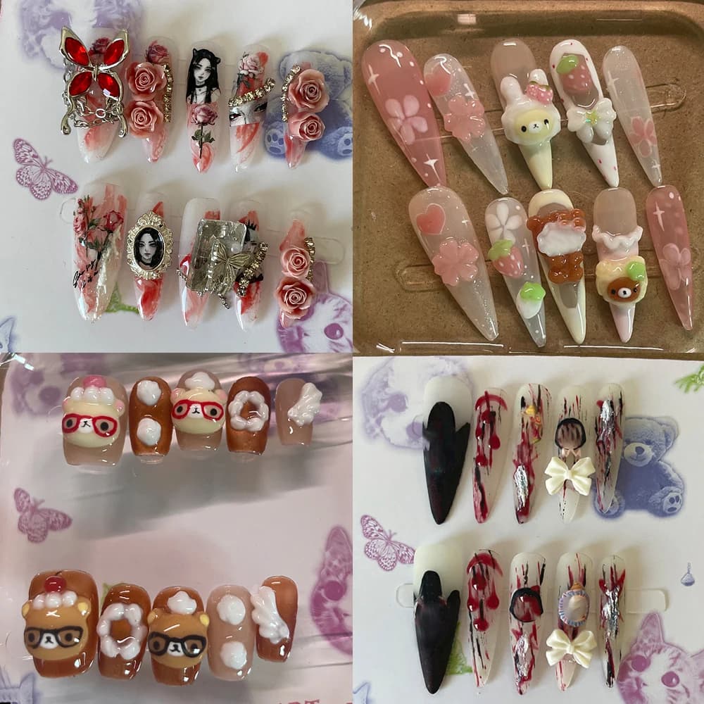 Y2K Sweet Cartoon Bear Rilakkuma Strawberry Wing Nail Art 3D White Bow Rose Butterfly Star Nail Patch XS Size Special Offer Gift