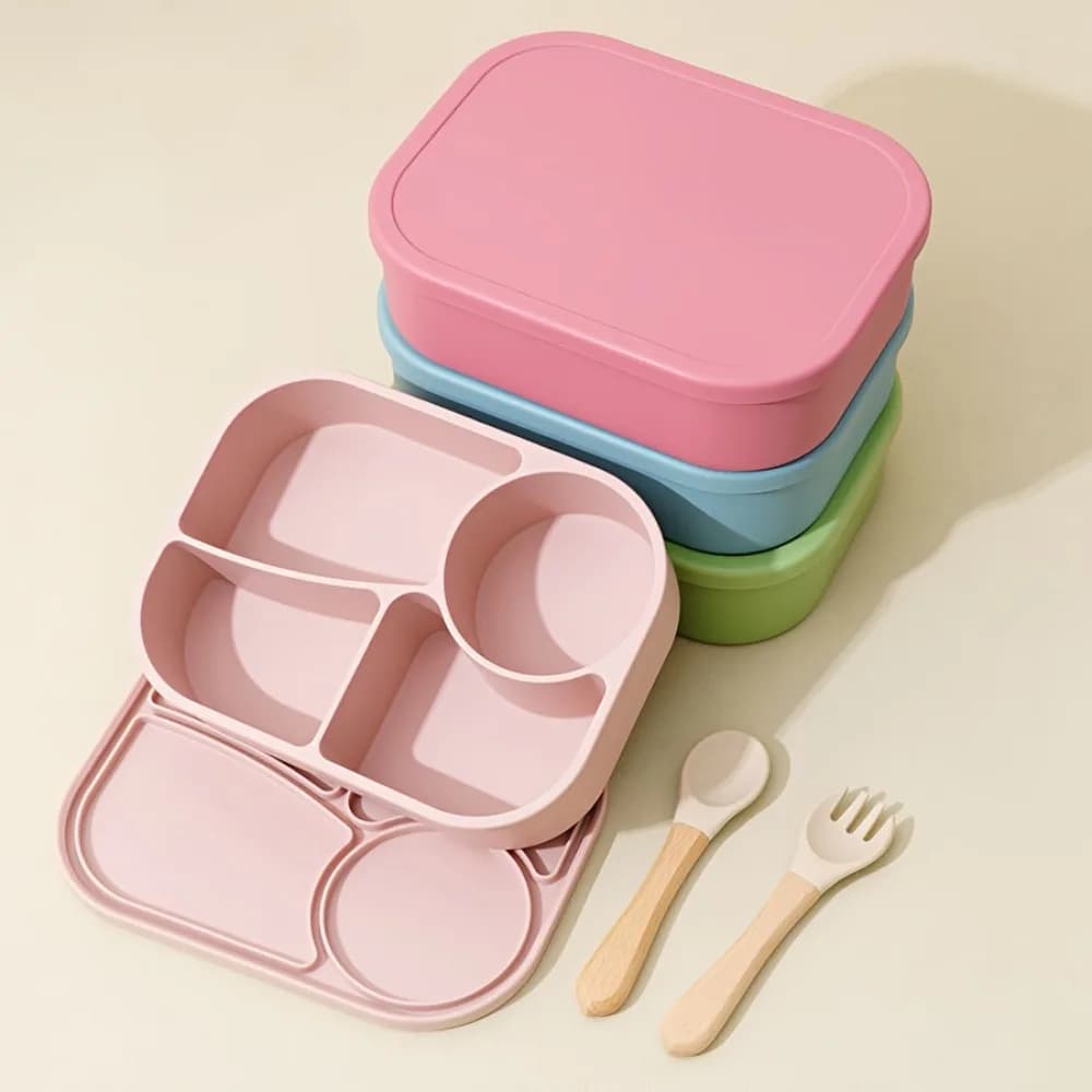 Contenitore per Pranzo Rettangolare in Silicone a 4 Scomparti, Resistente al Calore, Ermetico, Adatto al Microonde, per Ufficio