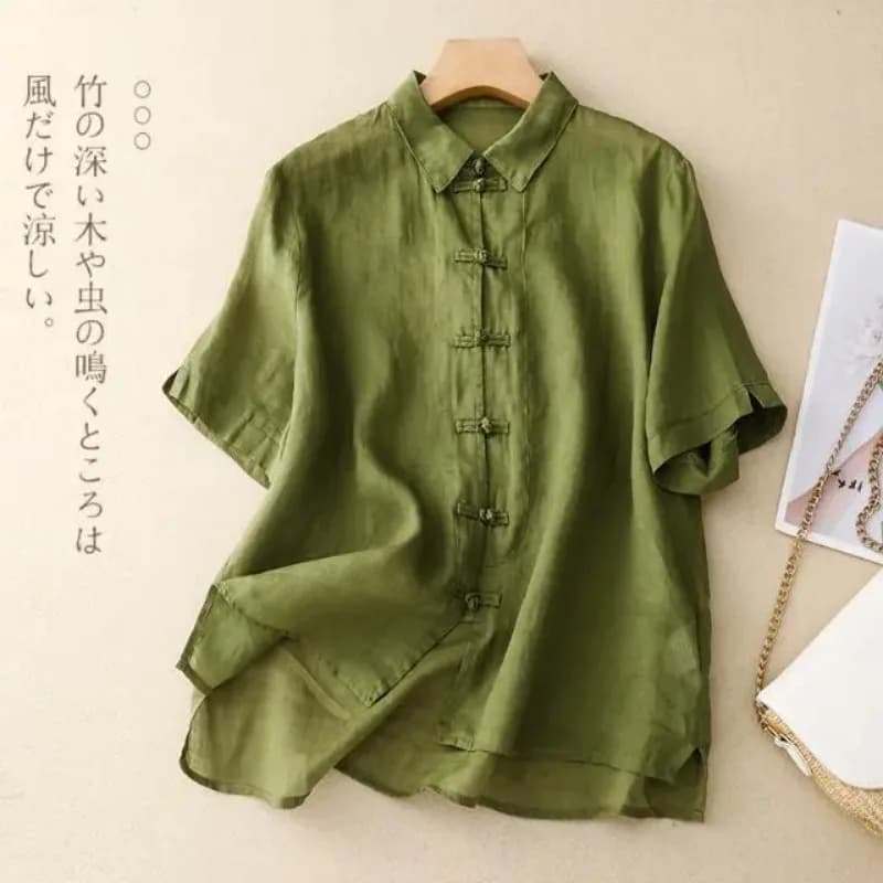 Camicia Estiva da Donna in Stile Cinese con Bottoni a Forma di Rana, in Lino e Cotone, Manica Corta, Blusa Casual Larga