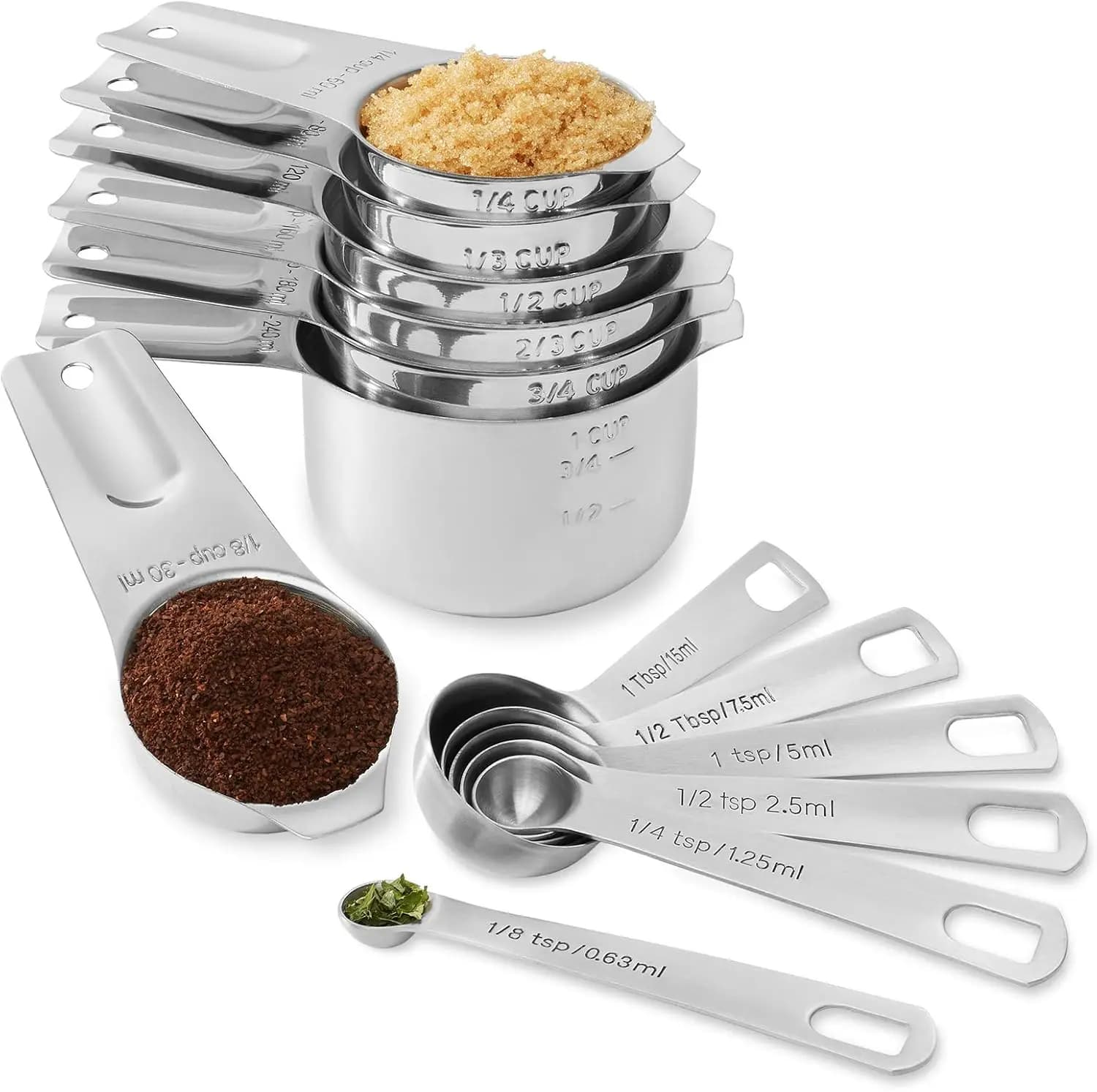 Set di 13 Cucchiai e Tazze Dosatrici in Acciaio Inox - Misurazioni da Cucina per Spezie Secche e Ingredienti Liquidi per Cucinare e Cuocere al Forno
