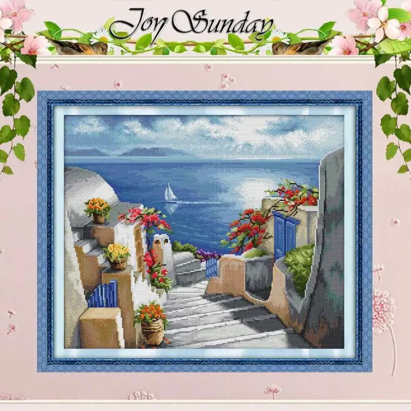 Blue Santorini Patterns Counted Cross Stitch Set 11CT 14CT 16CT Stamped DMC Cross-stitch Kit Embroidery Needlework Home Decor