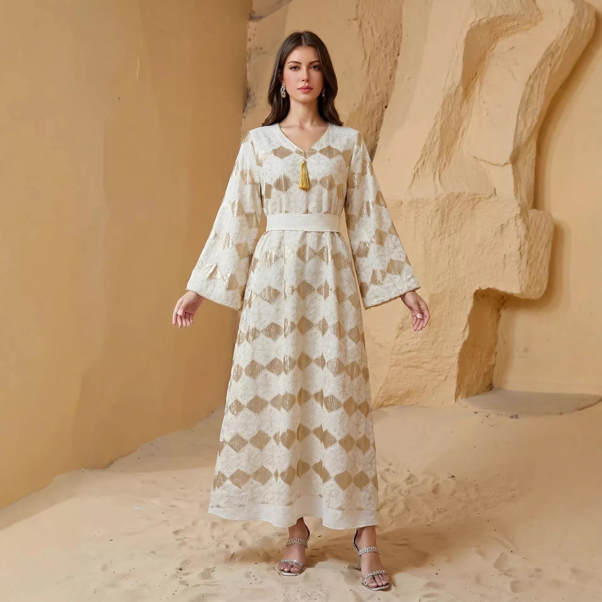 Abito Arabo da Donna, Vestito Musulmano Ricamato, Kimono in Jersey 2026, Abito Lungo Musulmano, Abaya Ramadan Dubai, Lussuoso ed Elegante Stile Islamico