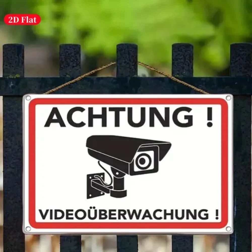Insegna in metallo per telecamera di sicurezza - Decorazione da parete per videosorveglianza, rossa, 2D, piatta, resistente