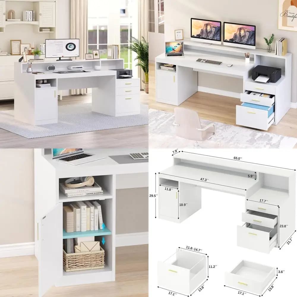 Scrivania Moderna Bianca per Ufficio Domestico con 3 Cassetti, Ripiani Portaoggetti e Supporto Lungo per Monitor