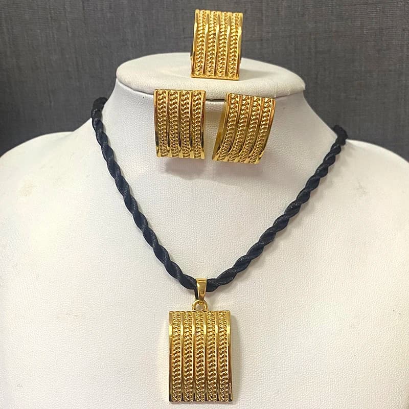 Golden Habesha Women's Jewelry Dubai Earrings Pendant Black Rope Set Ethiopian Jewelry African Bride Wedding Gift Necklace
