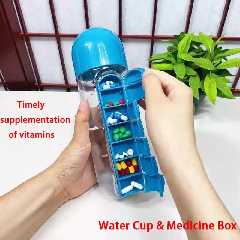 Scatola per medicinali multifunzionale con tazza d'acqua 2 in 1, scatola per medicinali da 7 giorni, tazza per scatola per medicinali con bottiglia d'acqua portatile per esterni