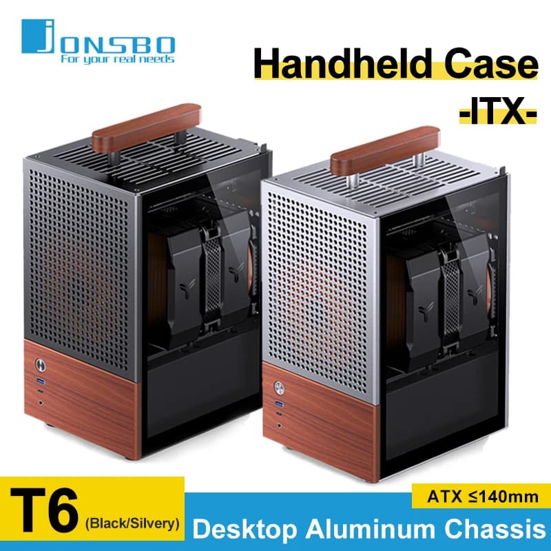 Jonsbo T6 ITX Handle Chassis Computer Case 3mm Aluminum Alloy Shell USB3.0 Type-C Interface Solid Wood Desktop Mini PC Chassis