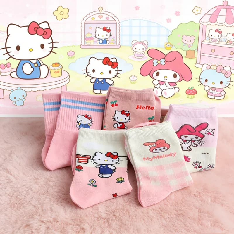 Sanrio 5 paia di calzini lunghi da donna per tutte le stagioni, dolci e carini, con motivo Hello Kitty/Melody, versatili, casual, che assorbono il sudore