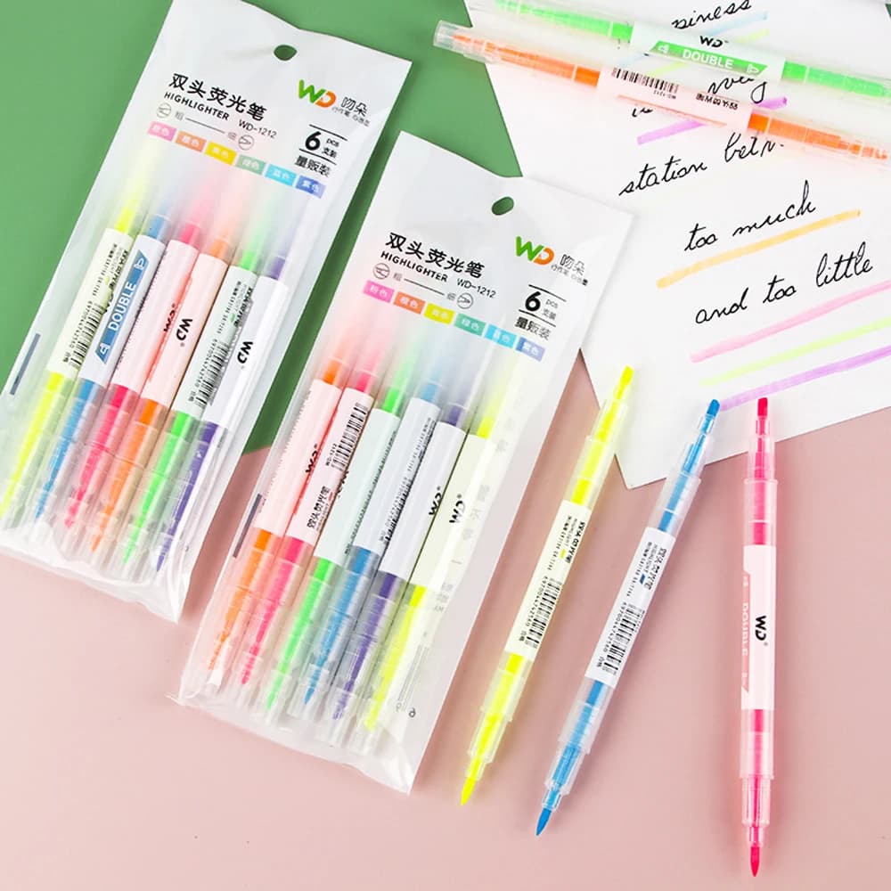 6Pcs/Set Double Head Fluorescent Highlighter Pen Markers Pastel Drawing Pen for Student School Office Supplies Cute Stationery